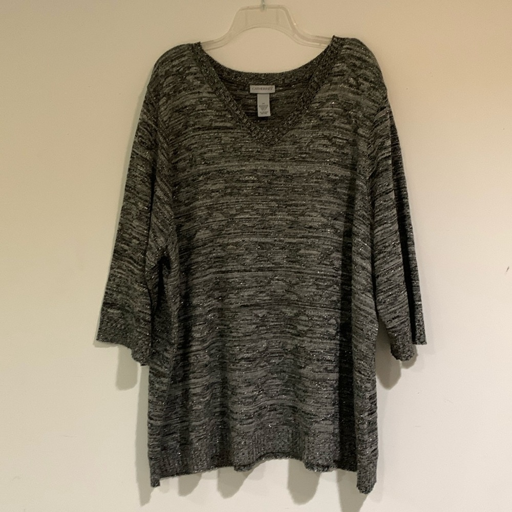 Catherines 3/4 length sleeve V neck Black/Gray Sparkly Sweater, Size 3X